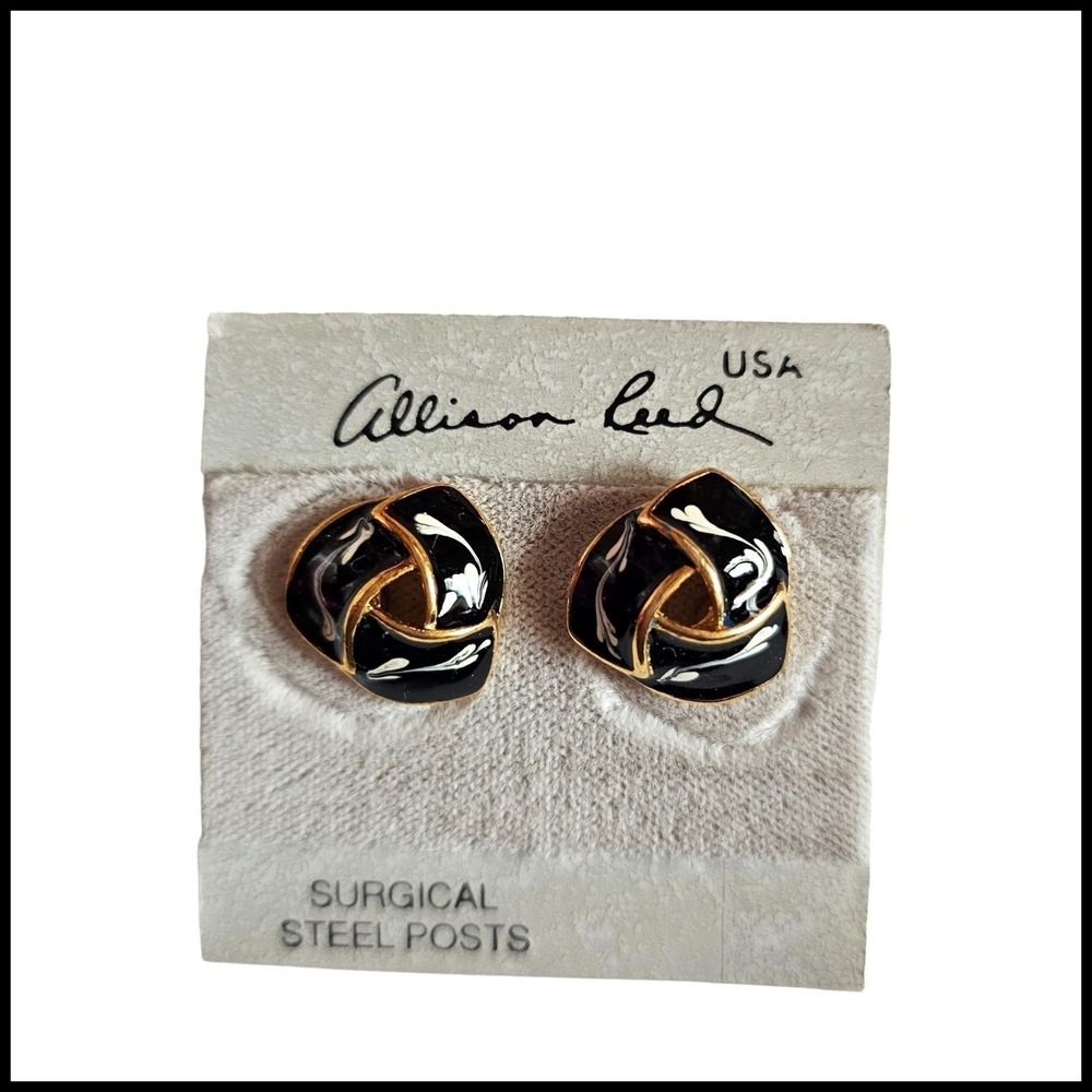 Vintage ALLISON REED Black White Paint Swirl Gold Tone Knot PIERCED EARRINGS